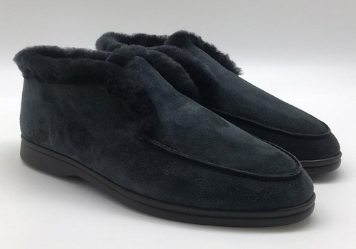 Зимние замшевые ботинки Loro Piana Open Walk черные с мехом