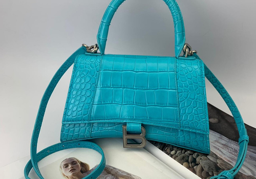 Женская кожаная сумка Balenciaga Hourglass голубая