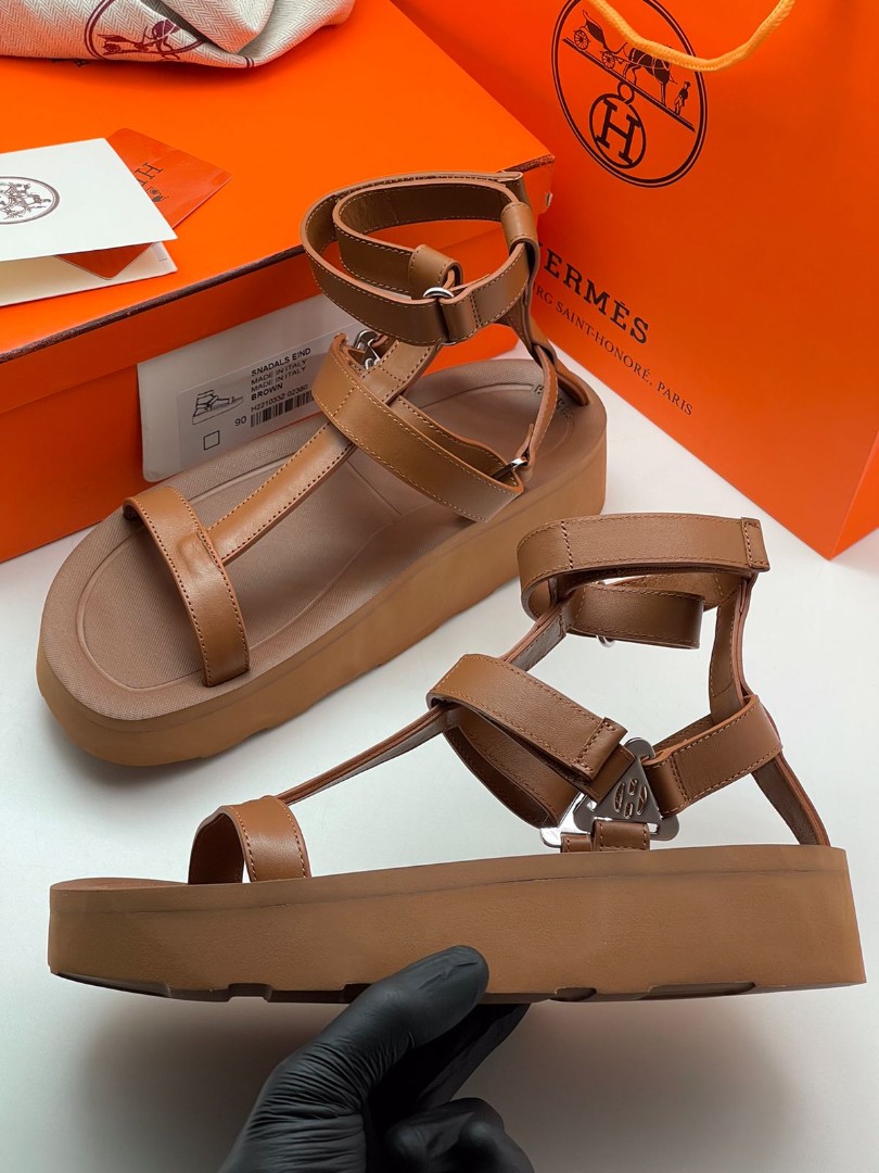 Коричневые кожаные сандалии Hermes Santorini