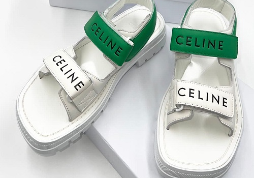 Женские кожаные сандалии Celine белые с зеленым