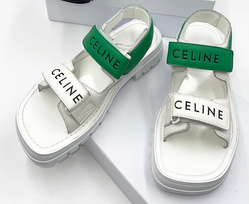 Женские кожаные сандалии Celine белые с зеленым