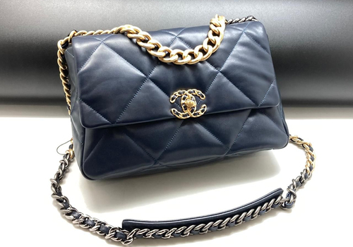 Кожаная сумка Chanel 19 синяя 30 cm