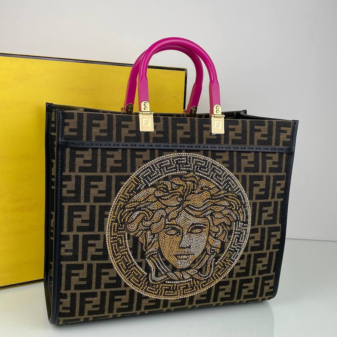 Женская сумка Fendi Sunshine Versace коричневая с принтом