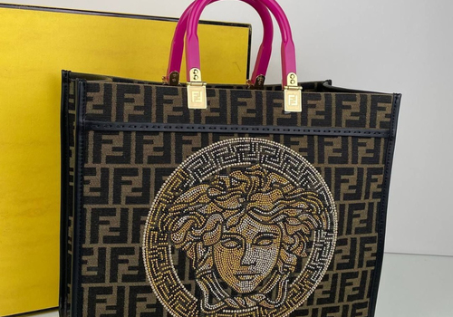 Женская сумка Fendi Sunshine Versace коричневая с принтом