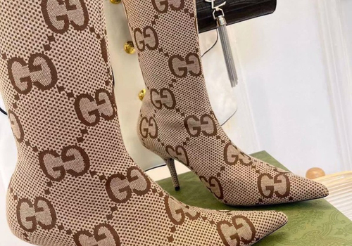 Женские бежевые сапоги из текстиля Gucci