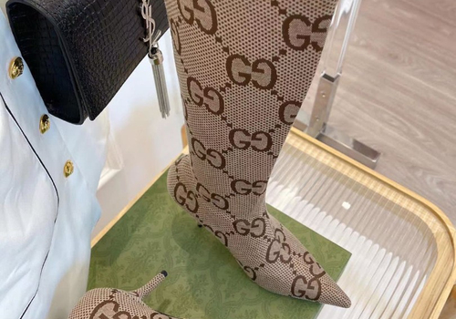 Женские бежевые сапоги из текстиля Gucci