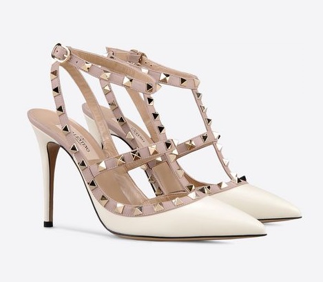 Женские летние кожаные туфли Valentino Garavani Rockstud белые с ремешком на щиколотке