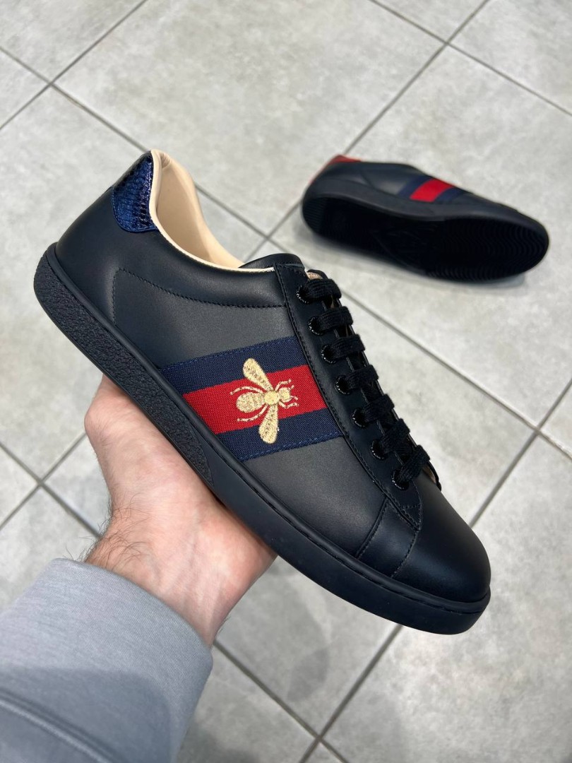 Мужские черные кожаные кроссовки Gucci Ace