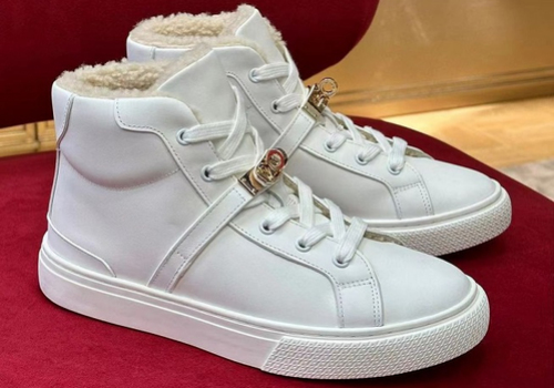 Женские зимние кожаные кроссовки Hermes белые