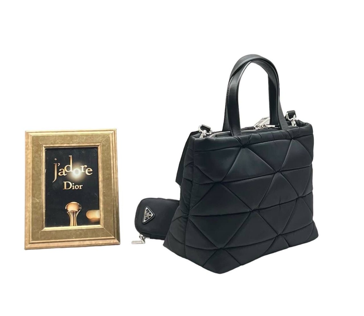 Женская дутая черная сумка из текстиля Prada