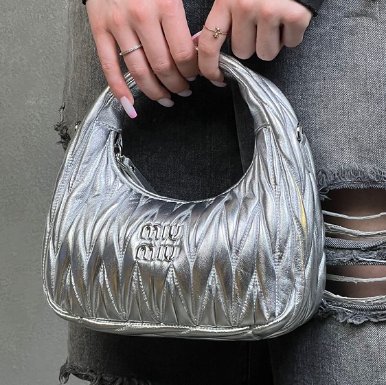 Женская кожаная сумка Miu Miu Wander mini hobo 20 см серебро