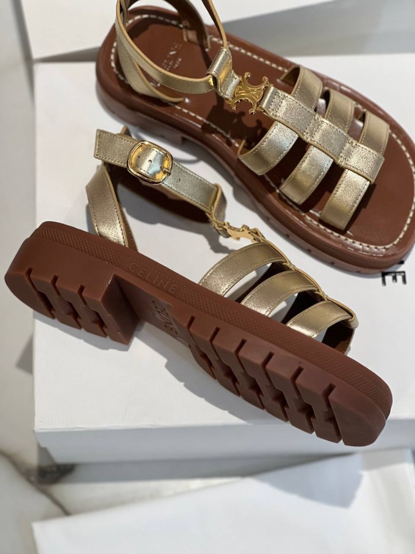 Женские коричневые с золотым сандалии Celine Clea Triomphe Gladiator Chunky