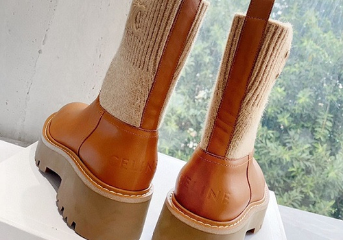 Женские кожаные с текстилем коричневые ботинки Celine