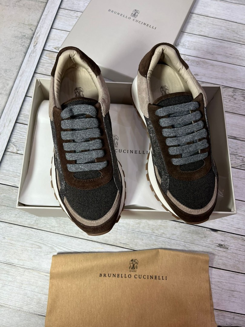 Замшевые серые с коричневым кроссовки Brunello Cucinelli