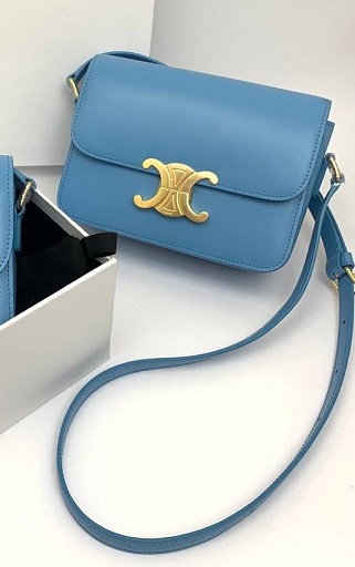 Женская голубая кожаная сумка Celine Triomphe Teen