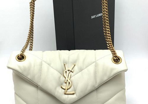 Кожаная сумка Saint Laurent Puffer LouLou Small белая с золотом