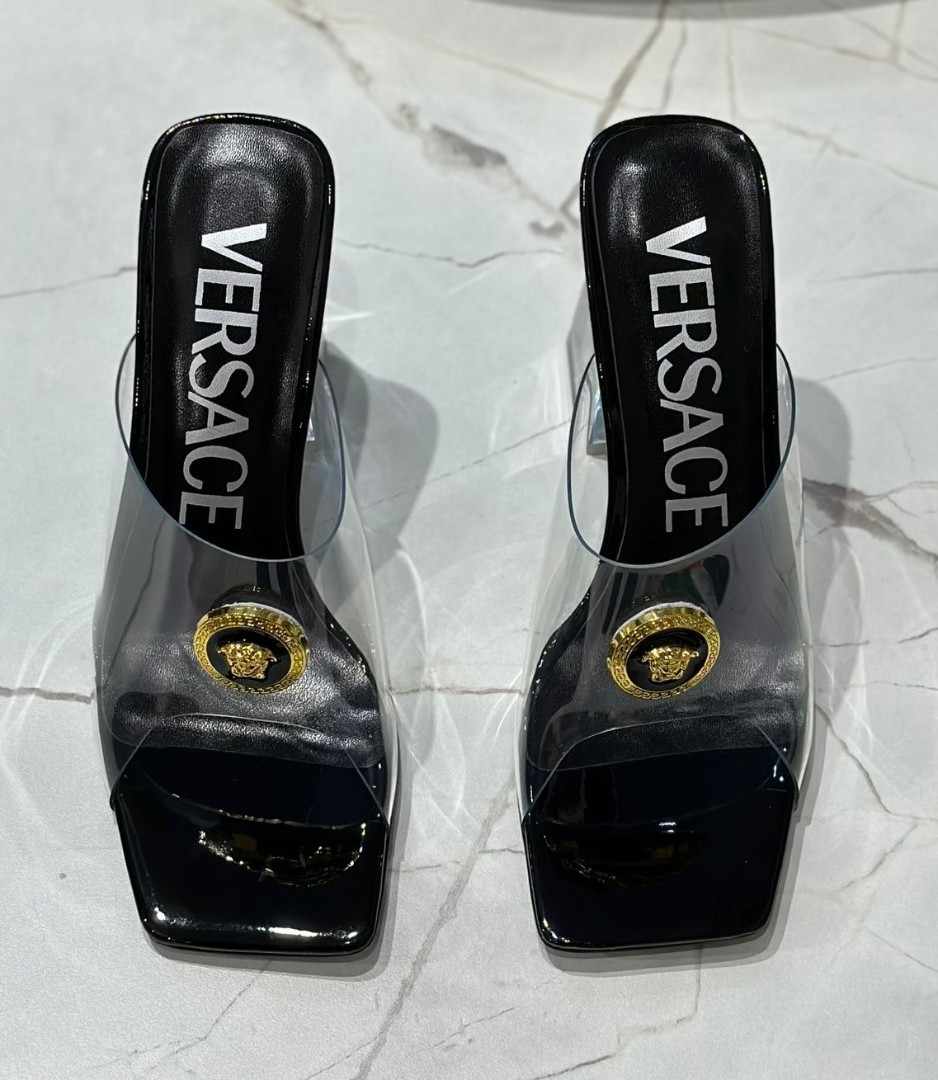 Прозрачные с черным силиконовые мюли Versace