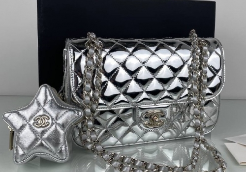 Кожаная серебристая сумочка Chanel Star Coin Purse 24 см