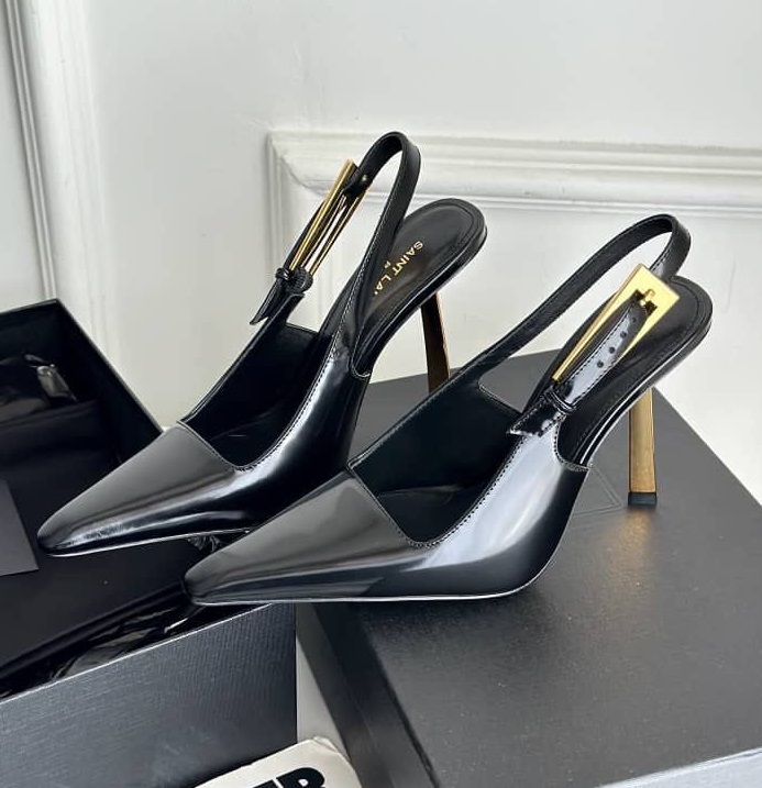 Женские кожаные черные босоножки Saint Laurent Slingback