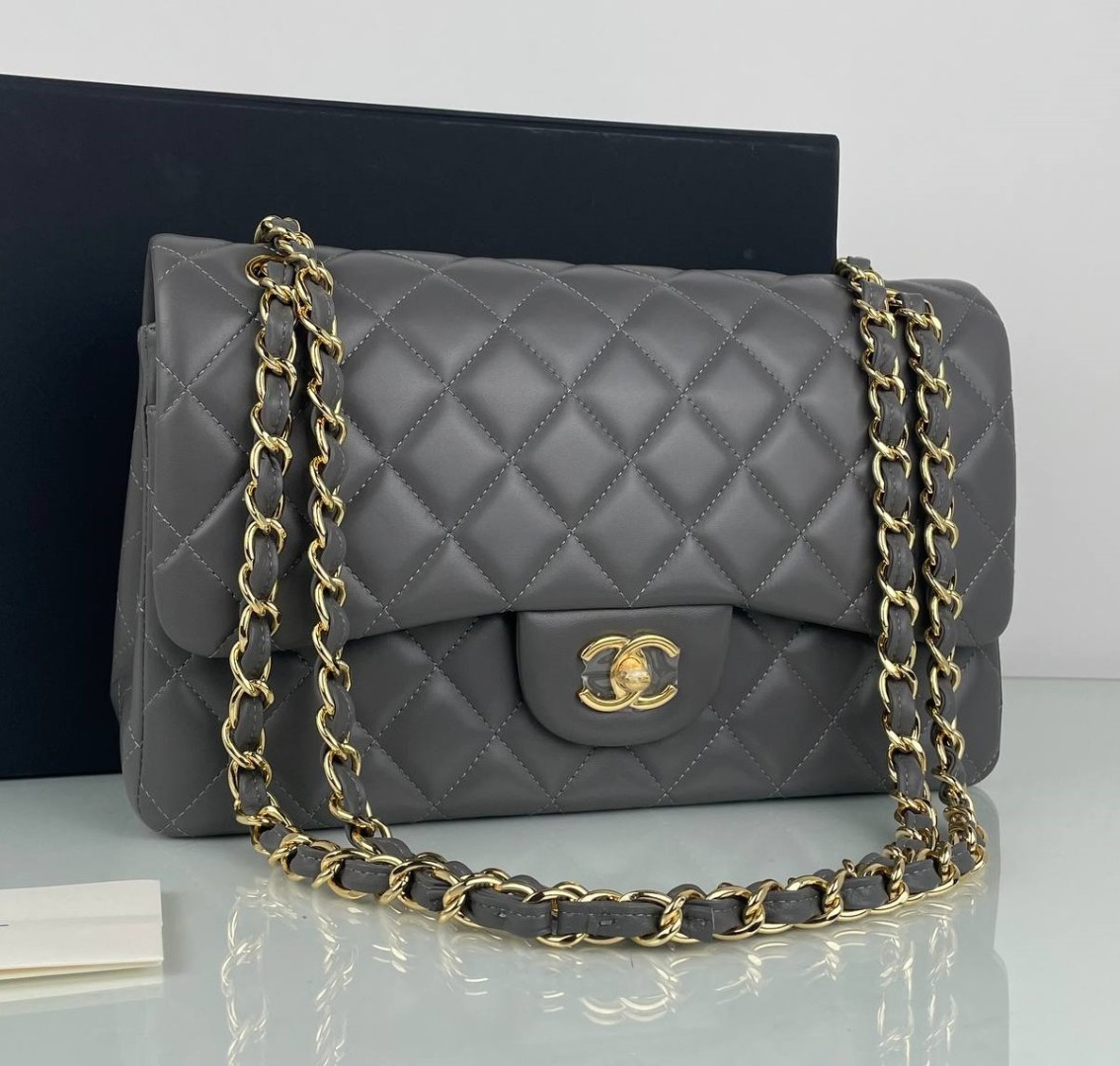 Женская кожаная сумка Chanel 11.12 Jumbo Classic Flap Bag серая