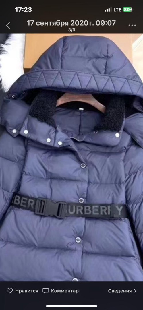 Женское пуховое пальто Burberry синее