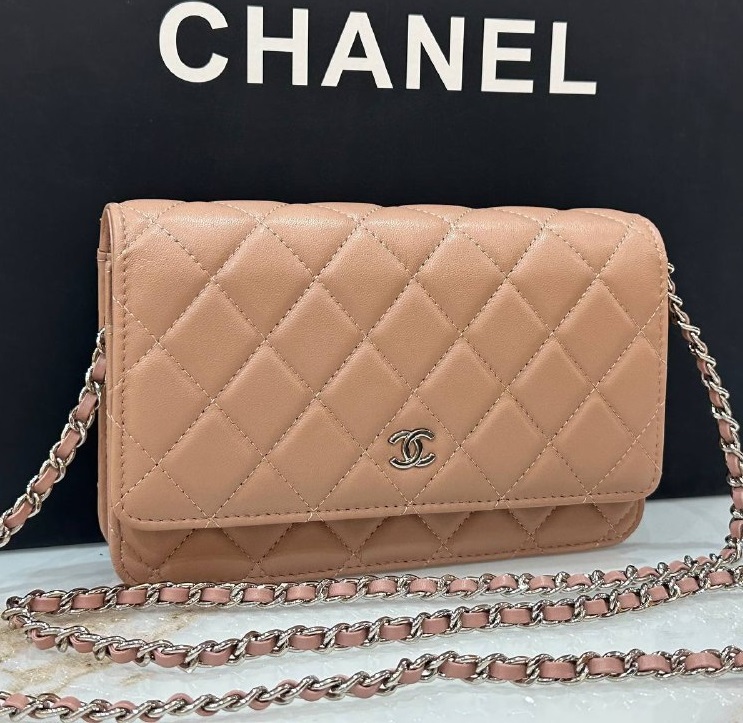 Женская бежевая кожаная сумочка Chanel Woc серебро