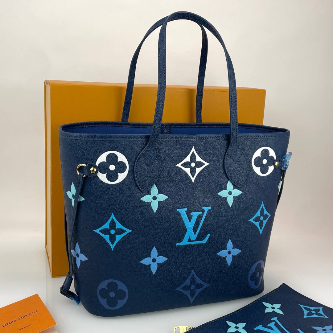 Женская сумка Louis Vuitton NeverFull MM кожаная синяя