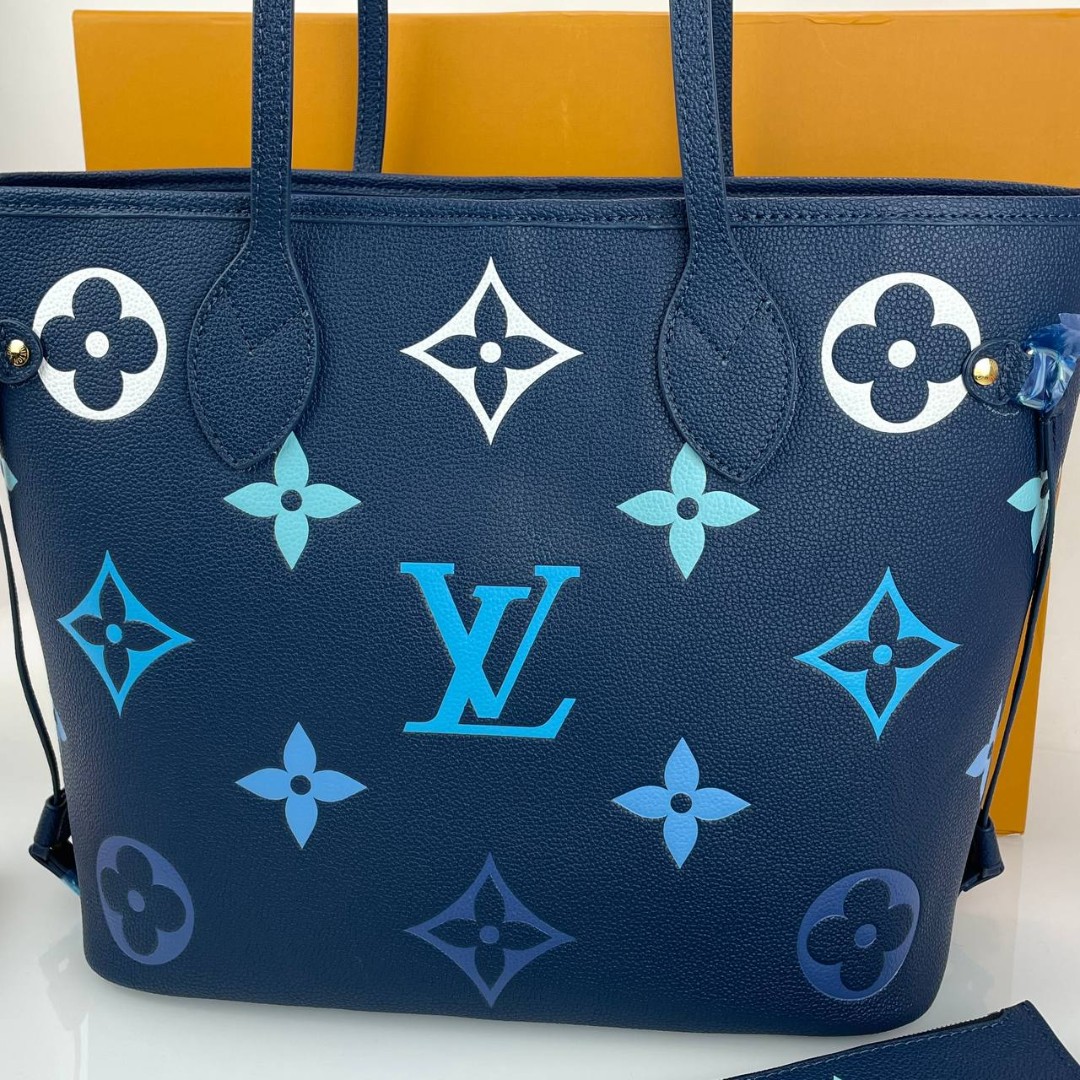 Женская сумка Louis Vuitton NeverFull MM кожаная синяя