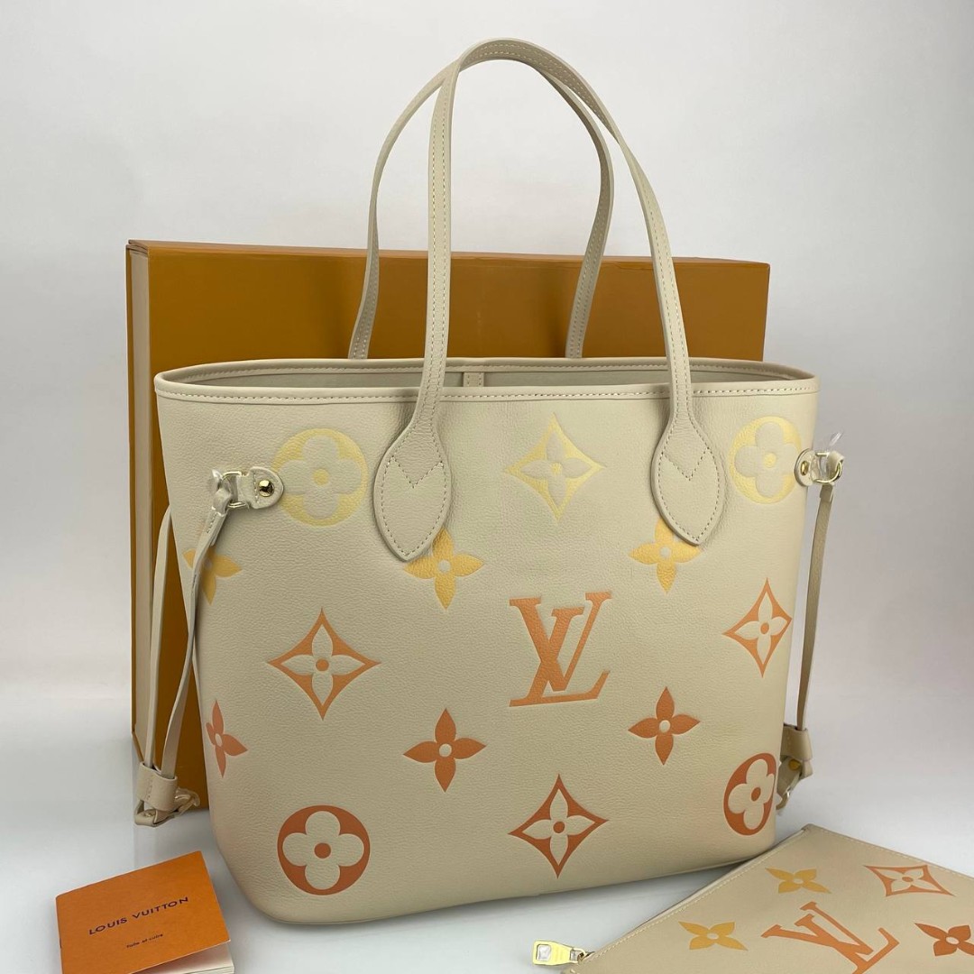 Женская сумка Louis Vuitton NeverFull MM кожаная бежевая