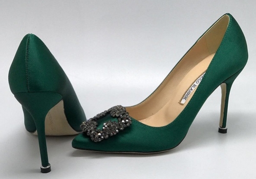 Женские зеленые атласные туфли-лодочки с блестками от Manolo Blahnik 'Hangisi'