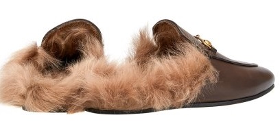 Женские зимние кожаные лоферы Gucci коричневые с мехом