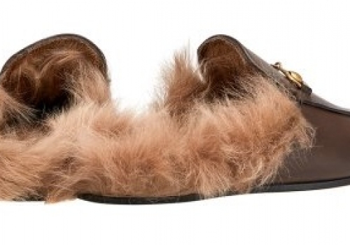 Женские зимние кожаные лоферы Gucci коричневые с мехом