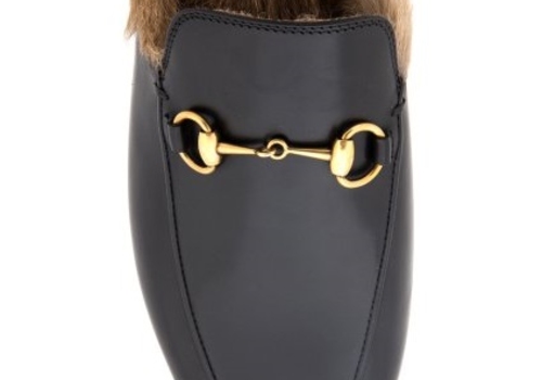 Женские зимние кожаные лоферы Gucci чёрные с мехом