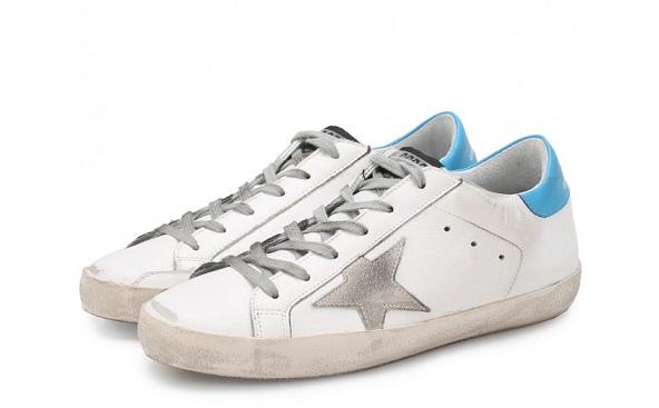 Кеды Golden Goose Superstar белые с голубой пяткой