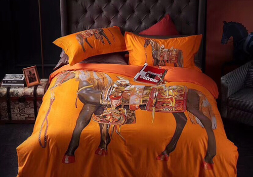 Постельное белье в стиле Hermes оранжевый кони