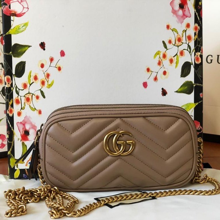 Кожаная сумка Gucci Marmont бежевая